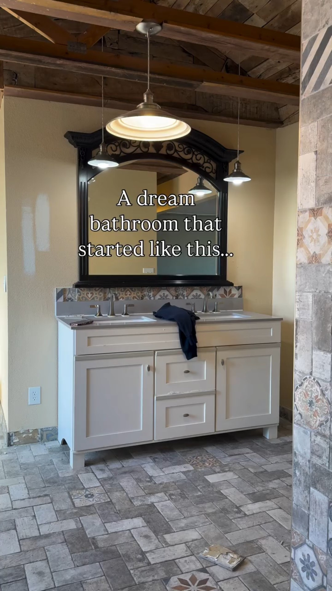 Prefabricated vanities have a spectrum, evidenced by the vanity at the beginning and the one at the end.

There are few stock vanities that you can find walking through the aisles of home stores that will match the criteria of what you need in your particular bathroom.

I poured over vanities, their sizes, countertop selections, sink shapes, holes for faucets, and purchased this vanity through Wayfair for less than $2,000.

I’ve ordered $15,000 vanities for clients before, so there are endless custom treatments that you can do with the money, but that was not my budget for this bathroom.

Proportion is the biggest challenge I see people having with all things in their home, and the proportion of the previous vanity was completely wrong for the wall and the space. Now this 84” vanity fits nicely on the wall with no gaps and plenty of space for storage.

Plus, with soft close drawers and snap on door hinges, it’s a cinch to put together and not worry about fabricating slabs, sinks, and wondering how it will all look with your cabinet.

To elevate the style even more, replace the hardware that comes with it to something more personal that matches your faucet selection.