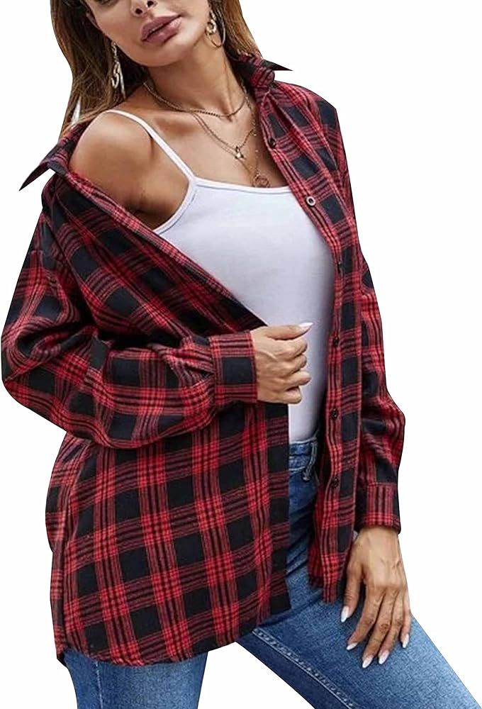 HangNiFang Womens Flannel Plaid Shirts Oversized Button Down Shirts Blouse Tops | Amazon (US)
