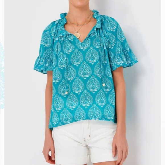 Tuckernuck Tropical Teal Lantern Block Print Cassis Top Women’s Size Small | Poshmark