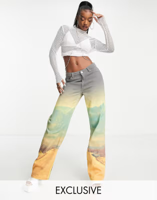 The Kript high waist baggy skater jeans in multi landscape print | ASOS (Global)