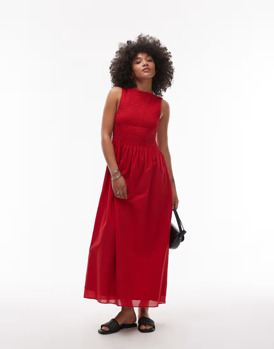 & Other Stories boat neck maxi dress with smocked bodice in red | ASOS (Global)