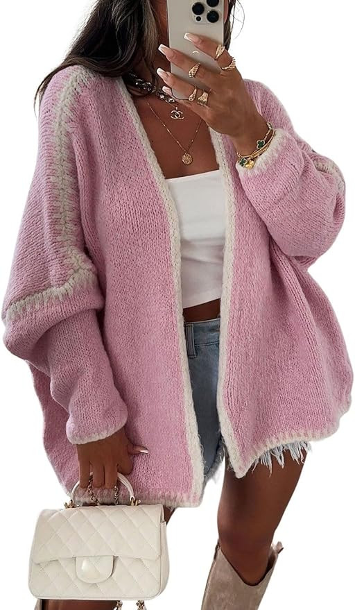 chouyatou Women Fall Open Front Color Block Cardigan Sweater Casual Striped Chunky Knit Oversized... | Amazon (US)