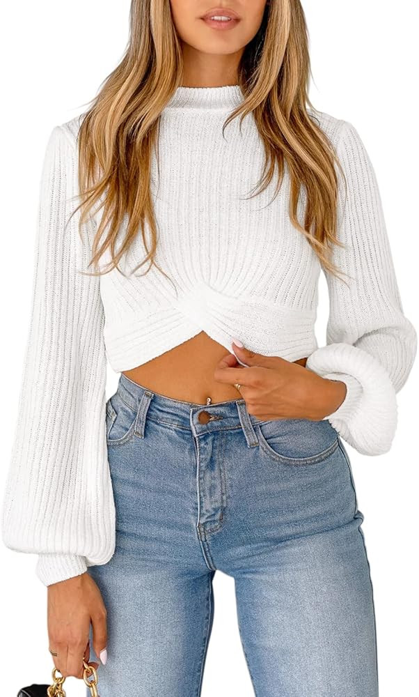 Womens Fall Winter Cropped Sweater Causal Mock Neck Ribbed Knit Pullover Jumper Tops | Amazon (US)