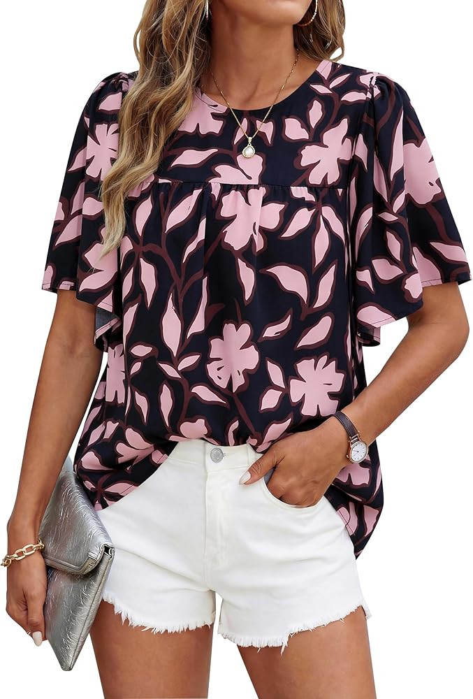 NALANISA Women's Summer Boho Tops 2026 Short Sleeve Crewneck Floral Tunic Tops Loose Fit Dressy C... | Amazon (US)