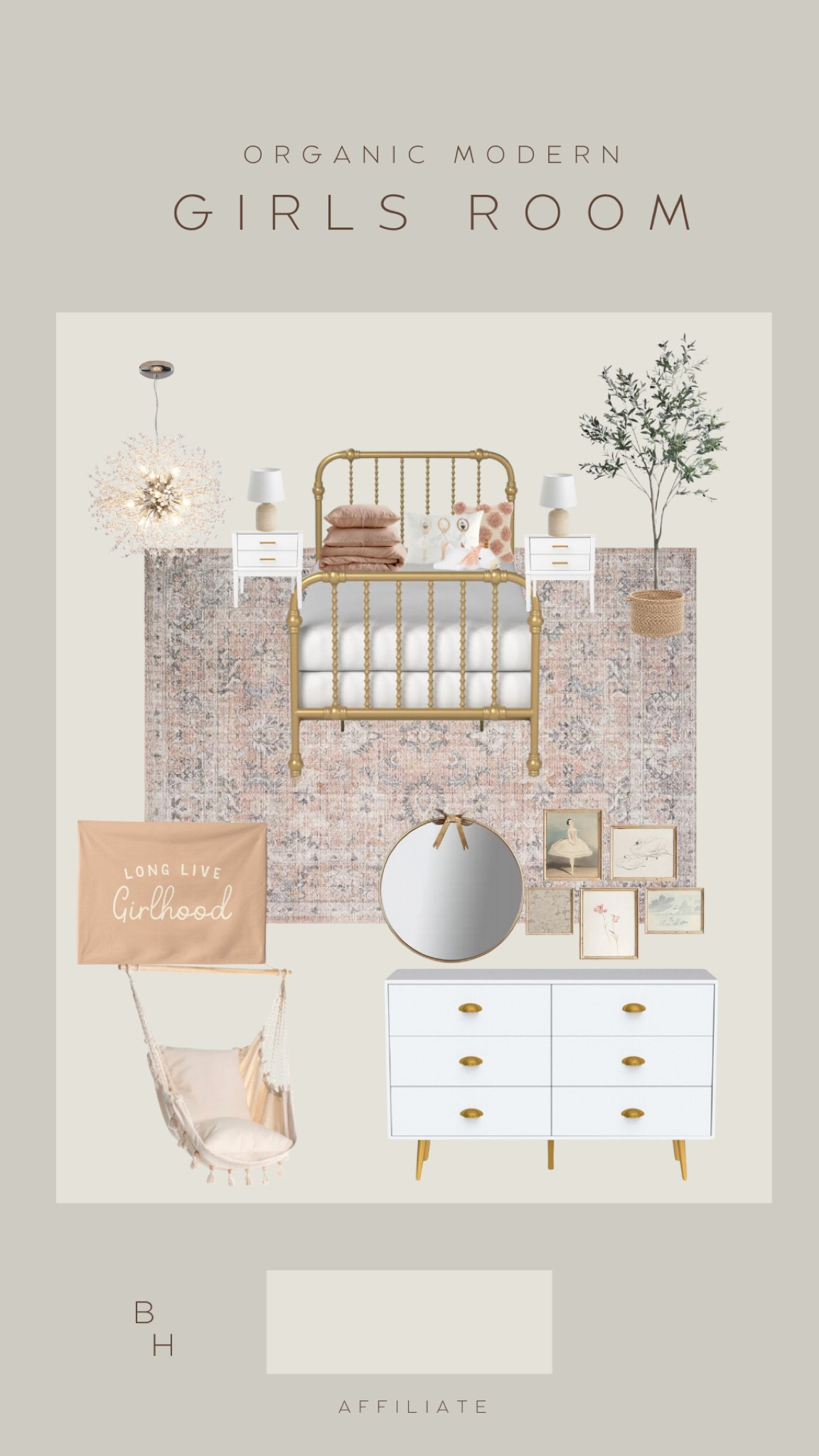 Girl’s Room

Modern and Cozy Girls Room, Little Girls Room, Toddler Girls Room, Gold Mirror, Dusty Rose Girls Room, Loloi Rug, White and Gold Nightstand, Gold Toddler Bed, Gold Big girl bed, Dresser for Toddler Room, Bed for Toddler Room