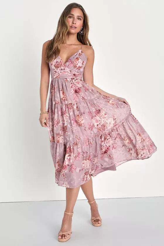 Pink Floral Print Dress - Satin Midi Dress - Surplice Dress - Lulus