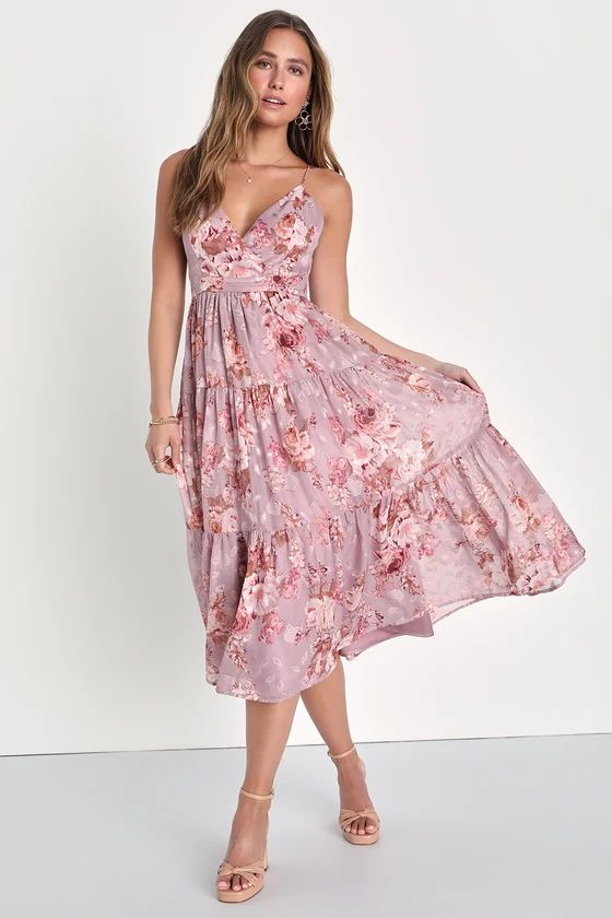 Lovely Energy Mauve Floral Print Tiered Backless Midi Dress | Lulus