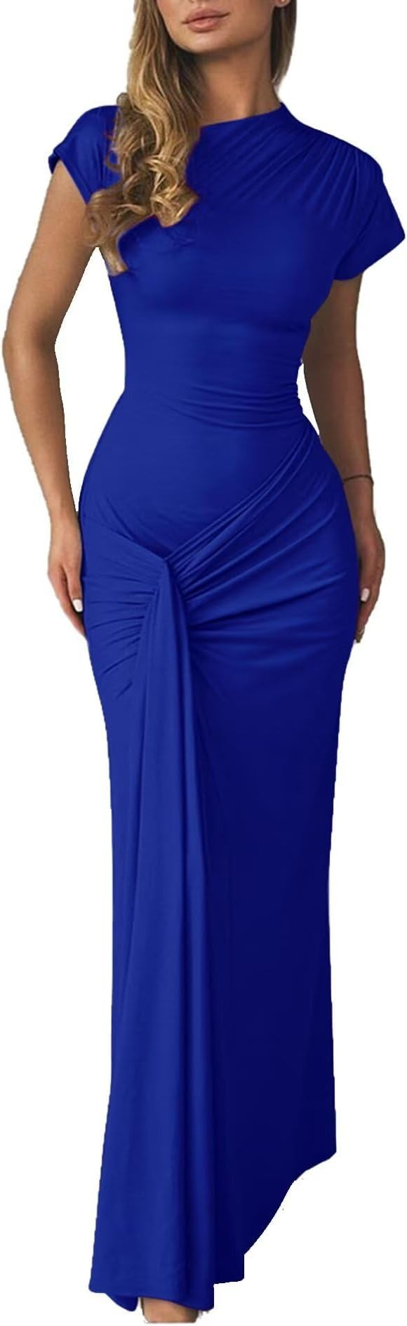 Mojessy Women Bodycon Maxi Dress Sexy Mock Neck Lace Up Bandage Ruched Short Sleeve Long Dress Co... | Amazon (US)