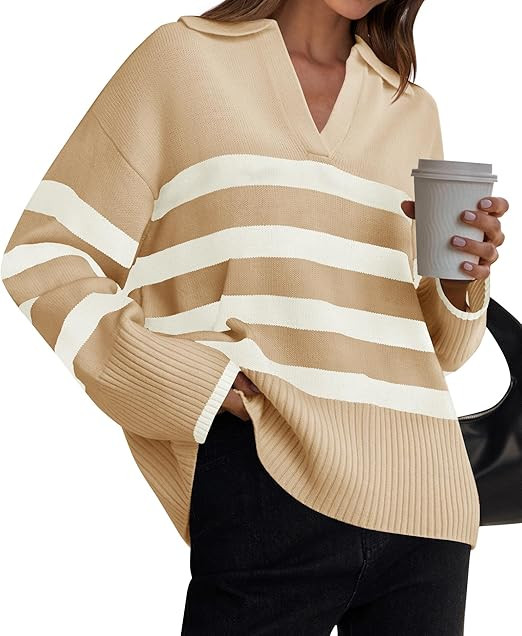 ZESICA Women's 2023 Winter Striped Sweaters Lapel V Neck Long Sleeve Chunky Knit Oversized Pullov... | Amazon (US)