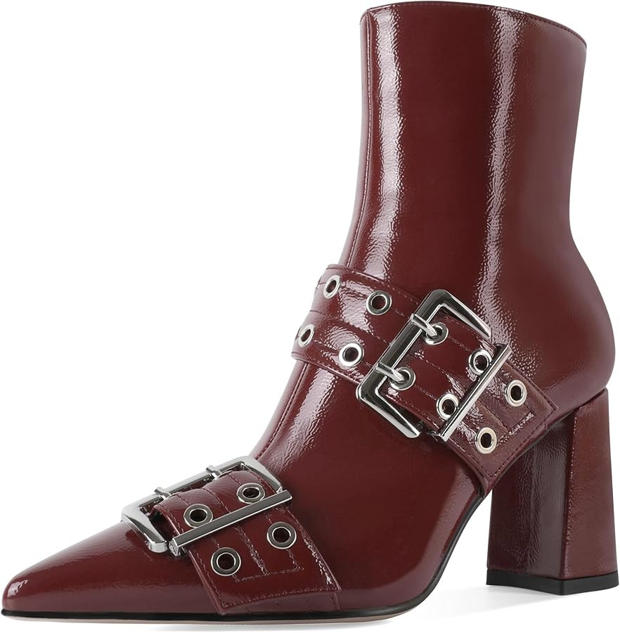 YODEKS Ankle Boots For Women Short Boots Pointed Toe Chunky High Heel Boots Metal Buckle Studded ... | Amazon (US)