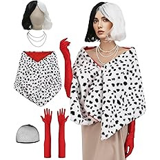 Halloween Costume for Women,Black and White Wig,Pearl Necklace,Dalmatian Shawl Scarf,Long Red Glo... | Amazon (US)