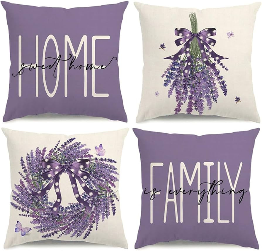 Spring Summer Pillow Covers 18x18 Lavender Wreath Spring Summer Decorations Home Sweet Home Purpl... | Amazon (US)