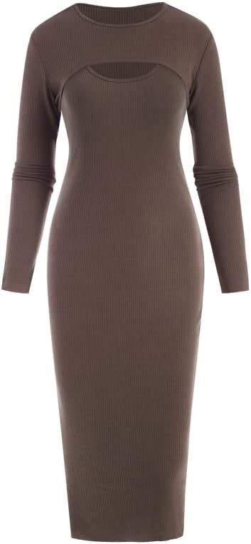 Amazon.com: ZAFUL Women Jersey Long Sleeve Cinched Cutout Split Bodycon Dress Round Collar Midi D... | Amazon (US)