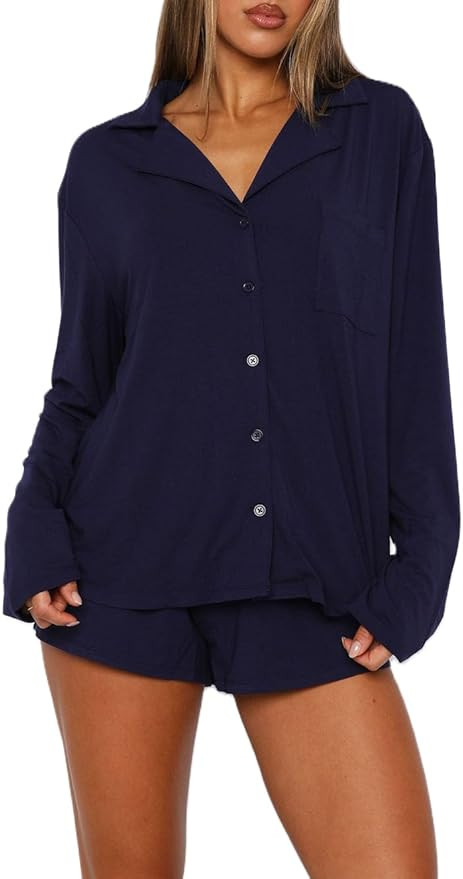 Giraropa Button Down Pajamas Women 2 Piece Lounge Set Shirt and Shorts Long Sleeve Pjs Sleepwear ... | Amazon (US)