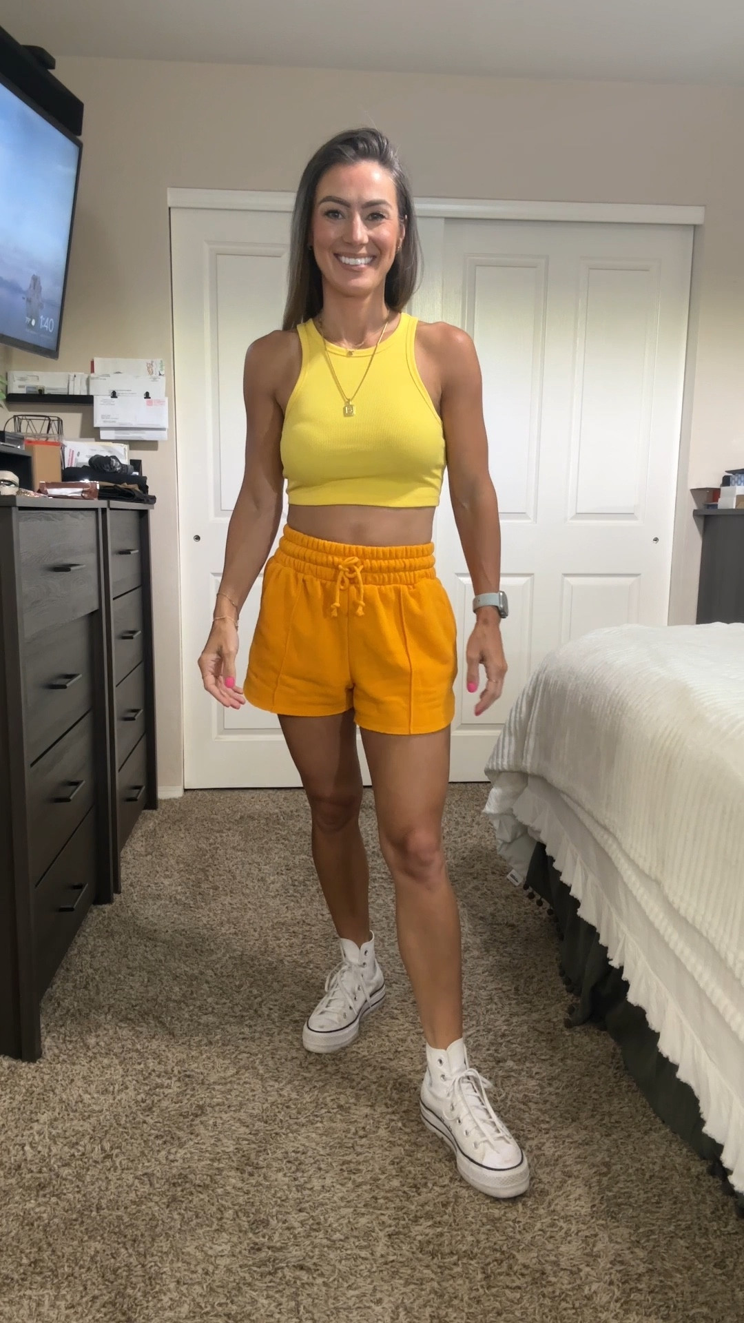 Target summer comfy outfits 
Yellow tank small
Orange shorts Xs
Green tank small
Green shorts Xs
Lime green tee med
Lime green shorts small
Brown tee small
Brown skort Xs
Converse size down 1/2 size 

#LTKunder50 #LTKfit #LTKFind