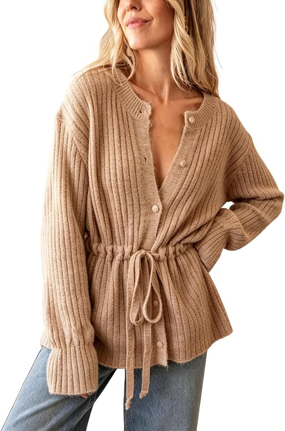 Bianstore Women Drawstring Cardigan Ribbed Knit Tie Waist Sweater | Amazon (US)