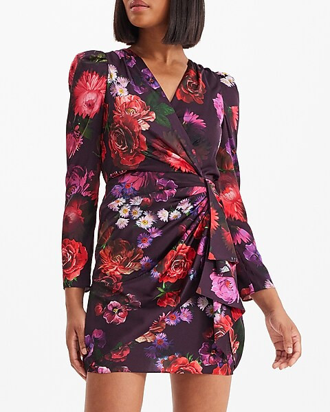 Satin Floral V-neck Puff Sleeve Ruffle Mini Sheath Dress | Express