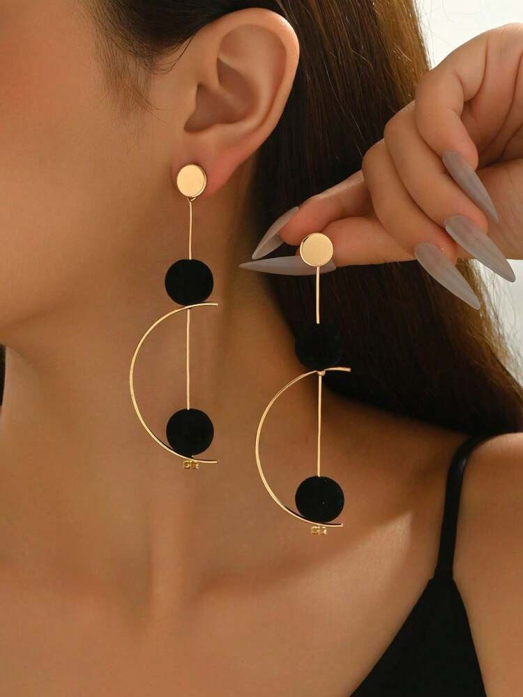1 Pair Retro Minimalist Versatile Creative Long Geometric Half-Circle Rotatable Earrings With Bla... | SHEIN