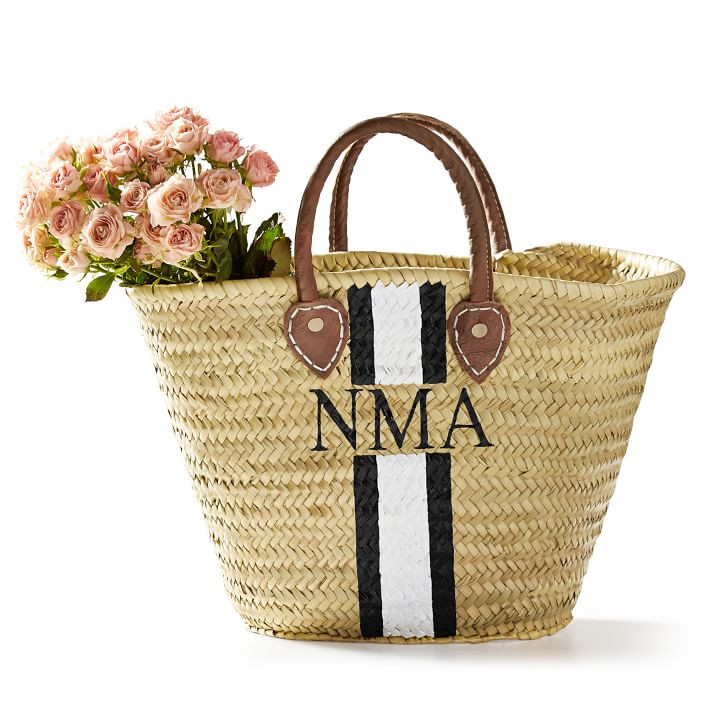 Hand-Painted Straw Beach Bag, Pink-White | Mark and Graham