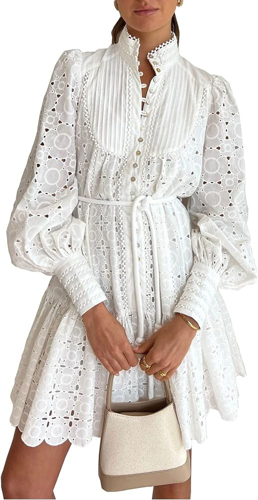 Button Down Shift Swing Dress Ruffle Sleeve Tunic Midi Sundress Pockets Mini Skirt with Waist Str... | Amazon (US)