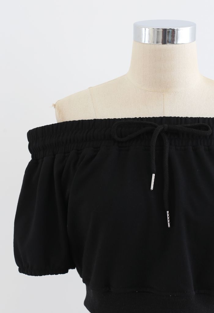 Drawstring Off-Shoulder Crop Top and Shorts Set in Black | Chicwish