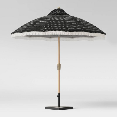 9' Vee Stripe Carousel Patio Umbrella DuraSeason Fabric™ White Fringe - Light Wood Pole - Opalh... | Target