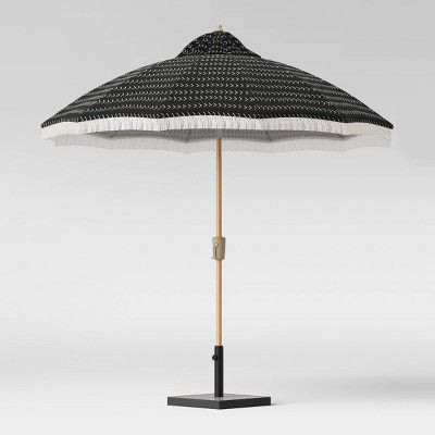 9' Vee Stripe Carousel Patio Umbrella White Fringe - Light Wood Pole - Opalhouse™ | Target