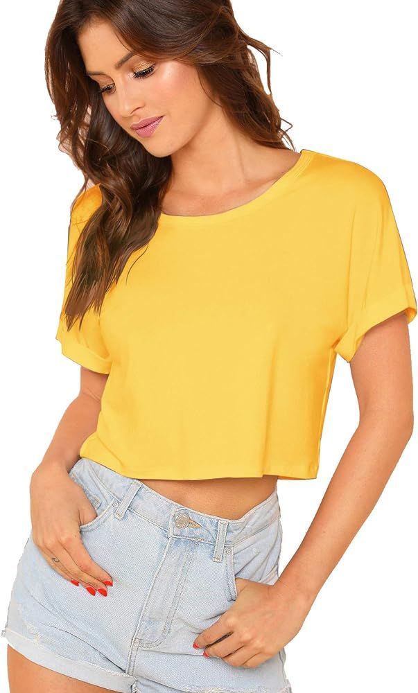 SweatyRocks Women's Casual Round Neck Short Sleeve Soild Basic Crop Top T-Shirt | Amazon (US)