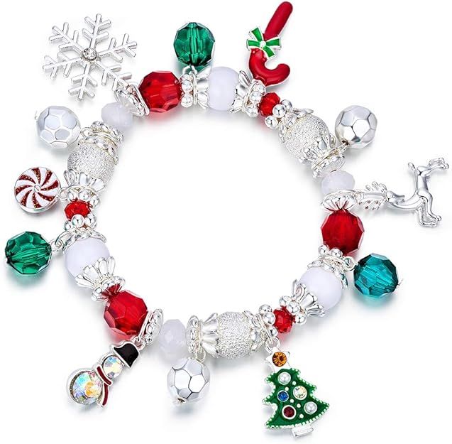 RareLove Christmas Snowflake Charm Beaded Bracelet Stretch Strand Elastic Crystal Silver Tone Dan... | Amazon (US)