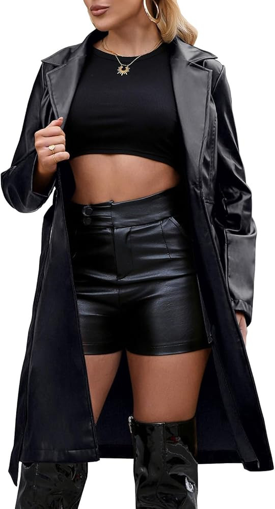 Leather Jacket Women Trench Coat Long Loose Button Jacket Open Front Motorcycle Coat with Belt | Amazon (US)