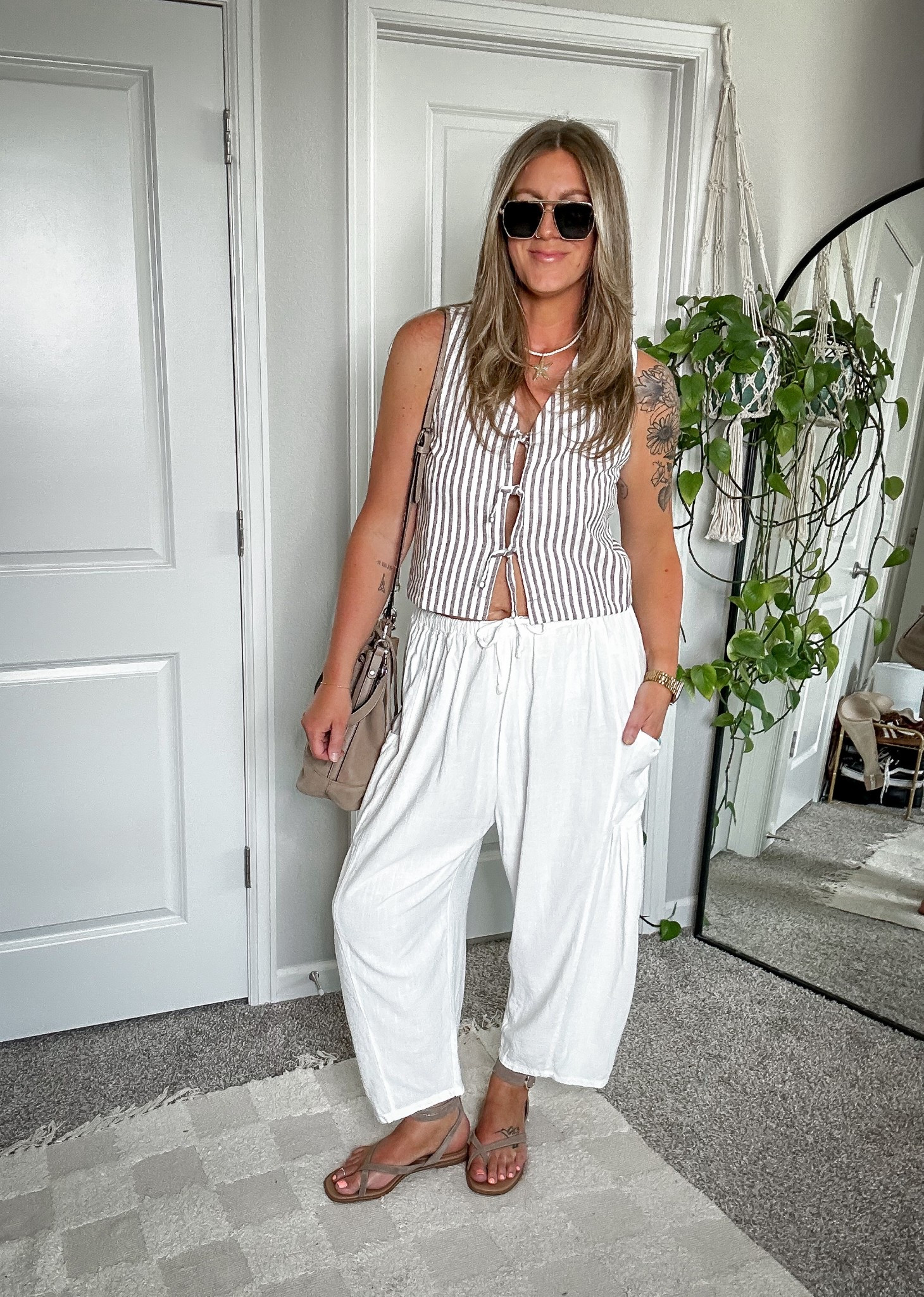 Medium top, large pants (can size down, run pretty oversized, but stayed tts bc of the white) also linked similar that are available in lengths, 11 sandals 

#LTKOver40 #LTKMidsize