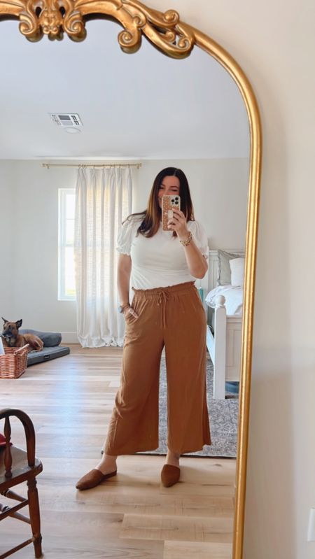 🤎Loving these High Waist Drawstring Wide Leg Pants. Lots of flexibility, super comfy! || Size: L, TTS - Color: Dark Khaki

🤎Best selling blouse! This Casual Frill Mock Neck Short Puff Sleeve Keyhole is form fitting but isn’t too tight because of the ribbed material. || Size: L, TTS. Color: white. Size up if you like a looser fit.

🤎 These woven mules are on repeat day after day! They are extra comfy with the memory foam soles 🧖🏼‍♀️ Size: 8, TTS. Color: cognac

Such a cozy fall outfit when it’s a warm day. Add a long cardigan and boots for cooler temps! 🍂


#LTKmidsize #LTKSeasonal #LTKshoecrush