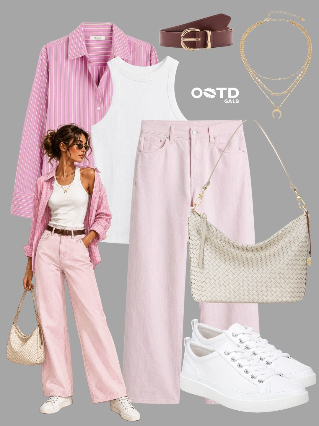 Soft pink tones and crisp white basics create a fresh, feminine take on everyday casual style 💗🤍

This outfit combines relaxed silhouettes with polished details for a look that feels effortlessly put together. The striped pink button-down adds a playful pop of color, layered over a classic white tank for a clean foundation. Matching blush wide-leg jeans keep the palette cohesive, while white accessories maintain the outfit's light and airy feel.

✨ Style Details:
• Pink and white striped oversized button-down shirt
• White ribbed tank top
• Blush pink wide-leg jeans
• Brown leather belt with gold-tone buckle
• Woven ivory shoulder bag
• Layered gold pendant necklace
• White low-top sneakers

The combination of soft pink, crisp white, and warm brown accents creates a balanced color palette that feels both modern and timeless. Casual, comfortable, and easy to style, this look is perfect for days when you want to feel polished without sacrificing comfort.

Perfect for brunch dates, shopping trips, weekend outings, coffee runs, casual office days, travel, campus wear, or everyday spring and summer styling.

#PinkStyle #CasualChic #EffortlessFashion

#LTKsummer #LTKeurope #LTKstyletip