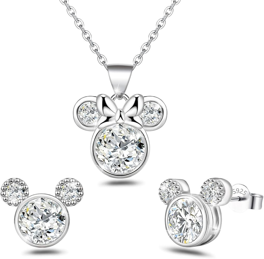 Sterling Silver Mouse Stud Earrings and Necklace Set for 2 Adorable Animal CZ Hypoallergenic Earr... | Amazon (US)