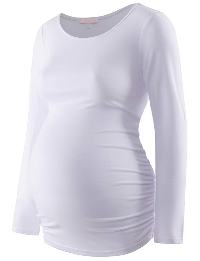 Maternity Shirt Long Sleeve Basic Top Ruch Sides Bodycon Tshirt for Pregnant Women | Amazon (US)