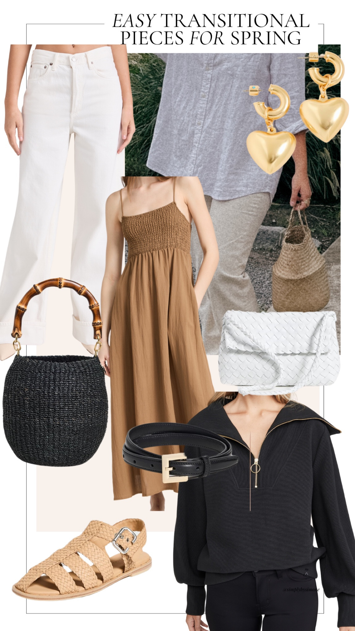 Shopbop Spring Sale SPRING20 for 20% off / easy transitional pieces for Spring, AGOLDE white jeans, Z SUPPLY maxi dress, Varley half zip sweater, Clare V Pot de Miel, Roxanne assouline heart earrings, Freda Salvador sandals, anine Bing black belt with gold buckle, Loeffler Randall white woven bag   