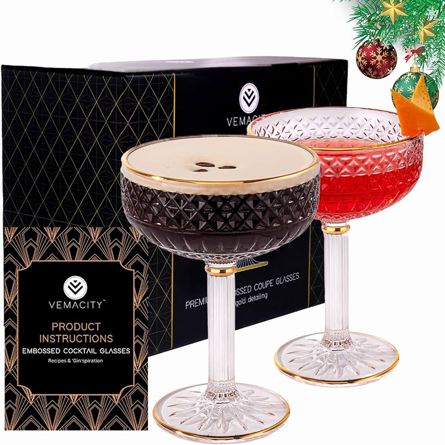 Luxury Coupe Cocktail Glasses | Martini Glasses Set of 2|Martini Glass w/Gold Detail & Recipe e-B... | Amazon (US)