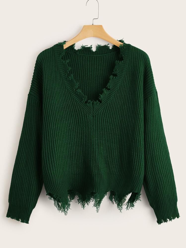 Plus Frayed Edge Drop Shoulder Sweater | SHEIN
