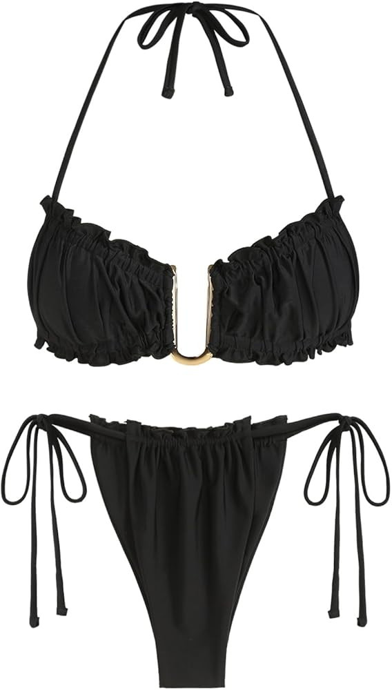 ZAFUL Women's Strapless Ribbed Tie Back Ruffle Cutout Bandeau Bikini Set Swimsuit | Amazon (CA)