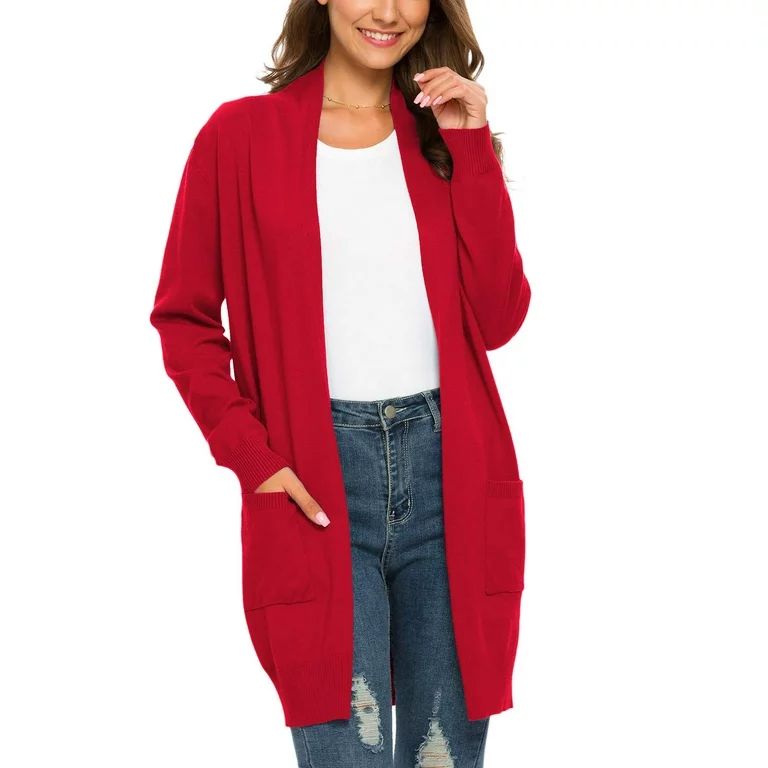 MLANM Essential Solid Open Front Long Knited Cardigan Sweater for Women, M Red - Walmart.com | Walmart (US)