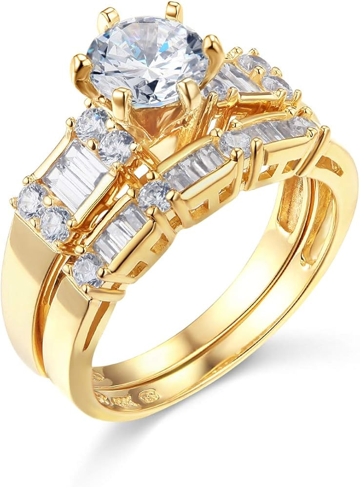 14k Yellow Gold SOLID Wedding Engagement Ring and Wedding Band 2 Piece Set - Size 7 | Amazon (US)