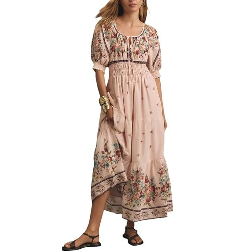 IMISSILLEB Women 2024 Casual Summer Dress Puff Sleeve V-Neck Smocked Elastic Waist Floral Print Midi Dress Tiered Flowy A-Line Sundress (V-Neck Mixed Color, L) | Amazon (US)