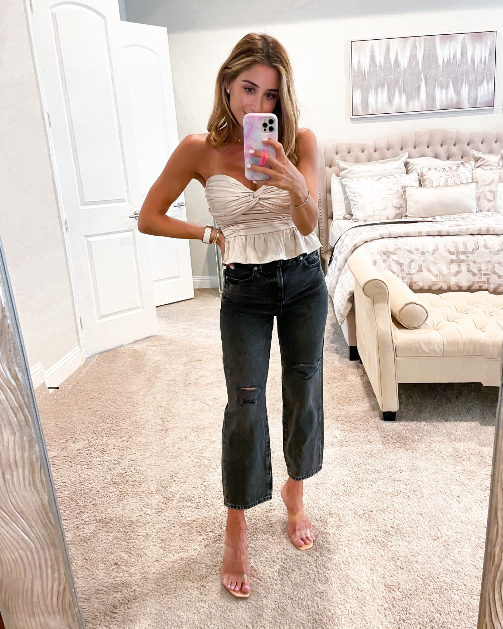 Strapless peplum top Xs boyfriend grey jeans 00s clear heels 

#LTKunder100 #LTKunder50 #LTKsalealert