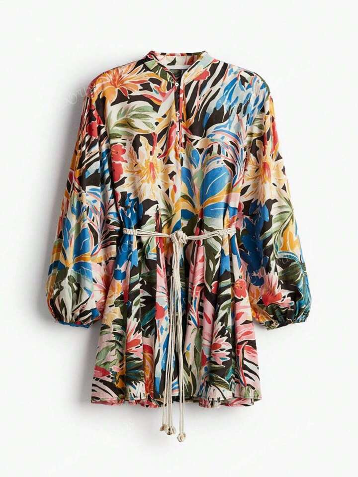 Summer V-Neck Floral Print Mini Dress With Ruffled Hem, Fit And Flare Silhouette, Fashionable Vac... | SHEIN