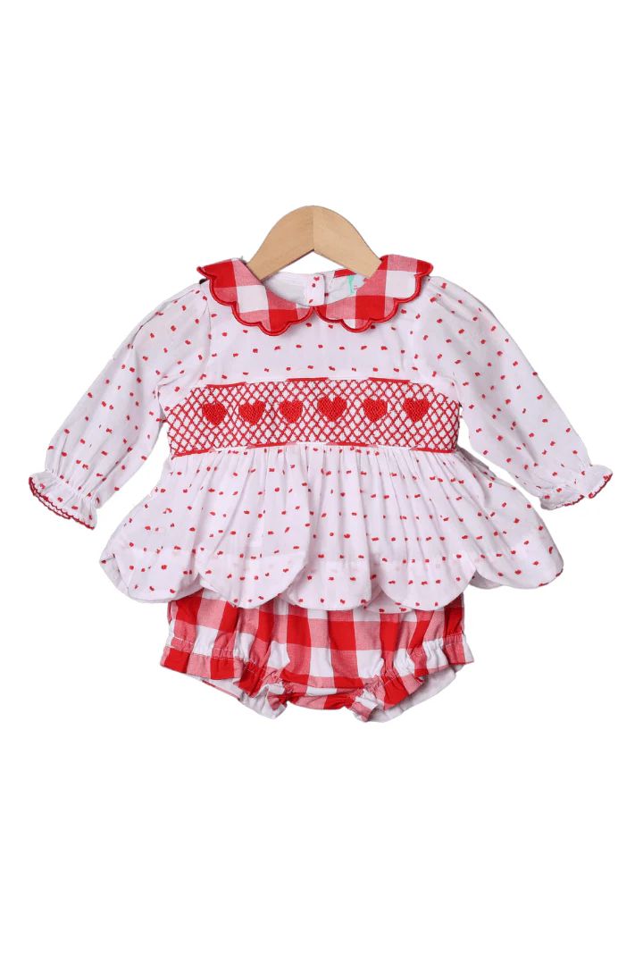 Smocked Heart Swiss Dot Red Gingham Bow Bloomer Set | The Smocked Flamingo