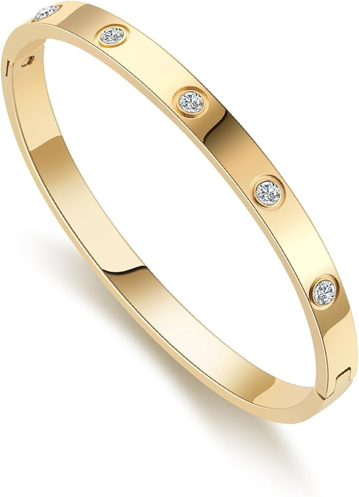 RIMRIVA Gold Bracelets for Women 14K Gold Plated Friendship Love Bangle Bracelets Cubic Zirconia ... | Amazon (US)