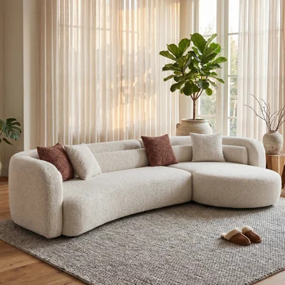 132" Cream Boucle L-Shaped Sectional Sofa, Modern Luxury Curved Modular Couch with Long Curved Lumbar Pillow, 4 Throw Pillows | Wayfair North America