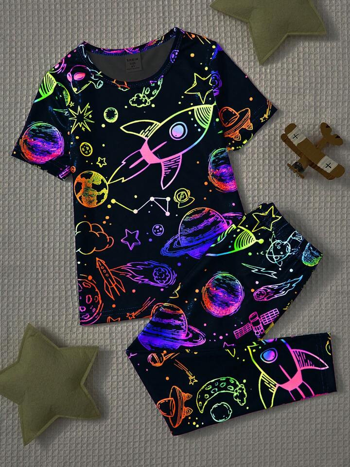 Young Boy Cool Fluorescent Planet System Pattern Printed Round Neck Top And Snug Fit Long Pants P... | SHEIN