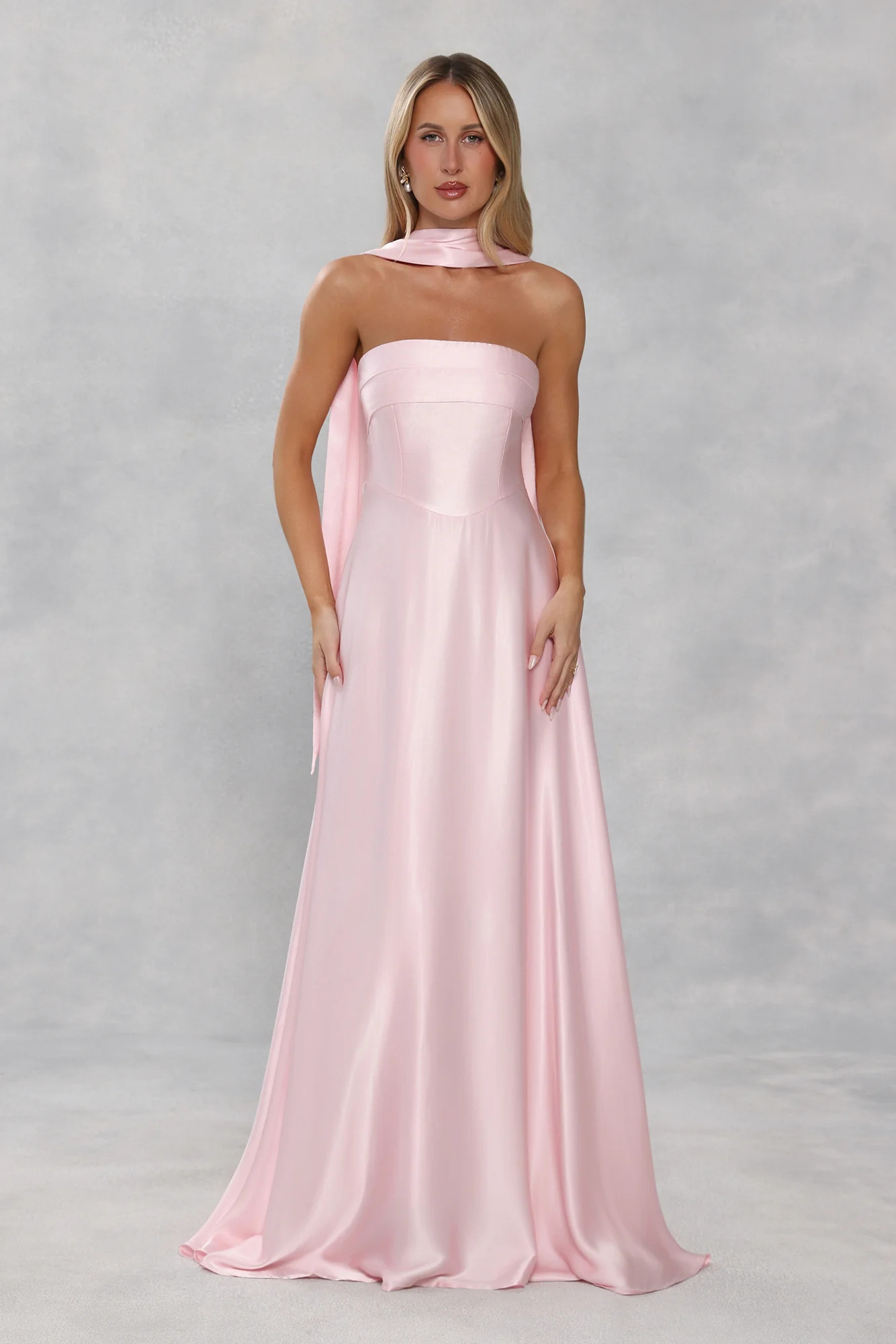 The Serina Strapless Satin Maxi Dress Light Pink | Hello Molly (US)