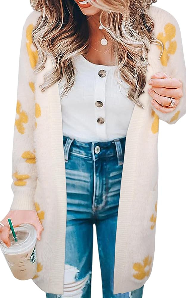 ECOWISH Women Cardigan Sweaters Long Floral Striped Winter Fall Long Sleeve Open Front Cozy Knitt... | Amazon (US)